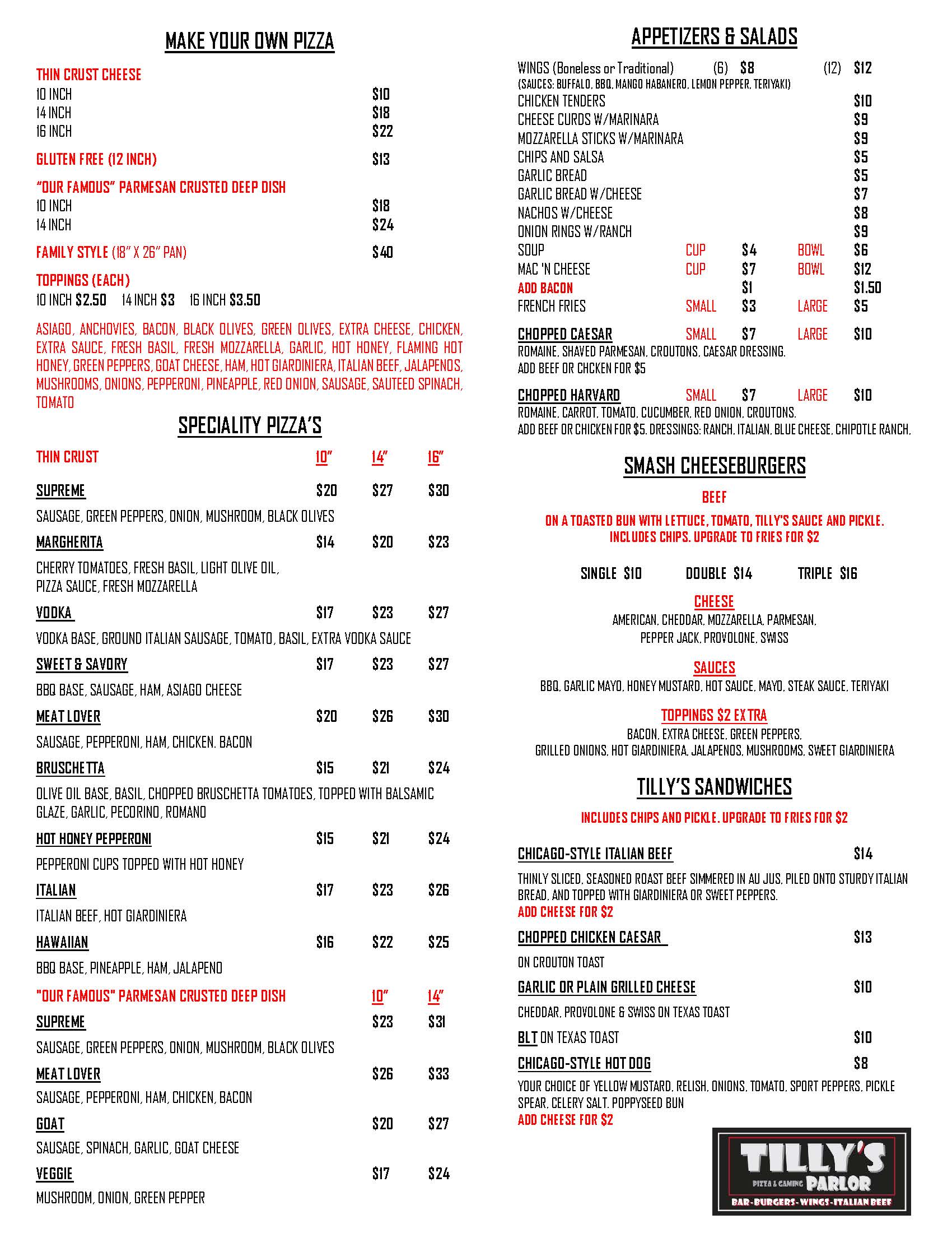 Tilly's Parlor Menu